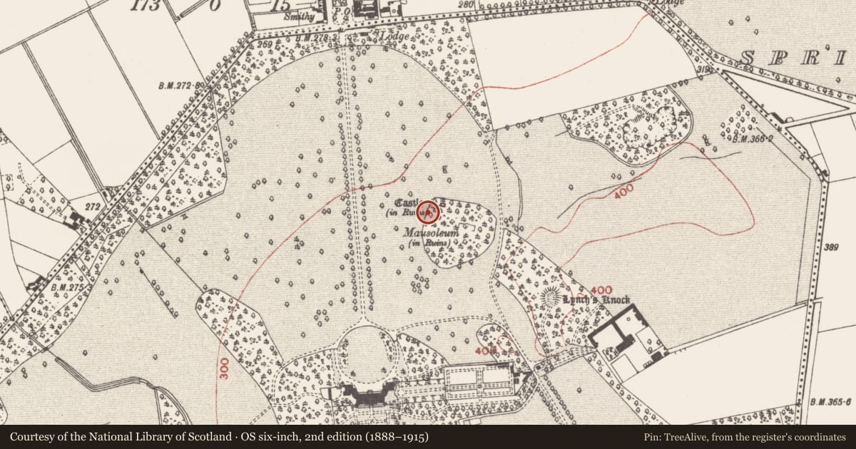 Ordnance Survey six-inch map, 2nd edition (1888–1915) covering the location of Memorial stone, Summerhill Demesne, County Meath, with a pin at the register's coordinates