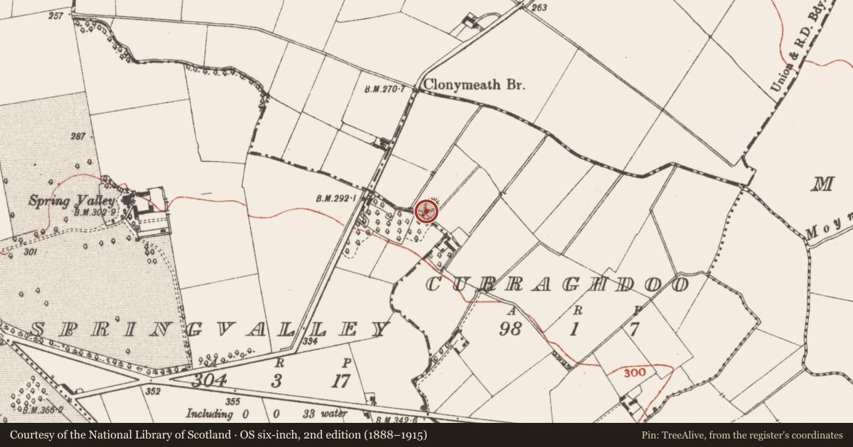 Ordnance Survey six-inch map, 2nd edition (1888–1915) covering the location of Barrow - mound barrow, Curraghdoo, County Meath, with a pin at the register's coordinates