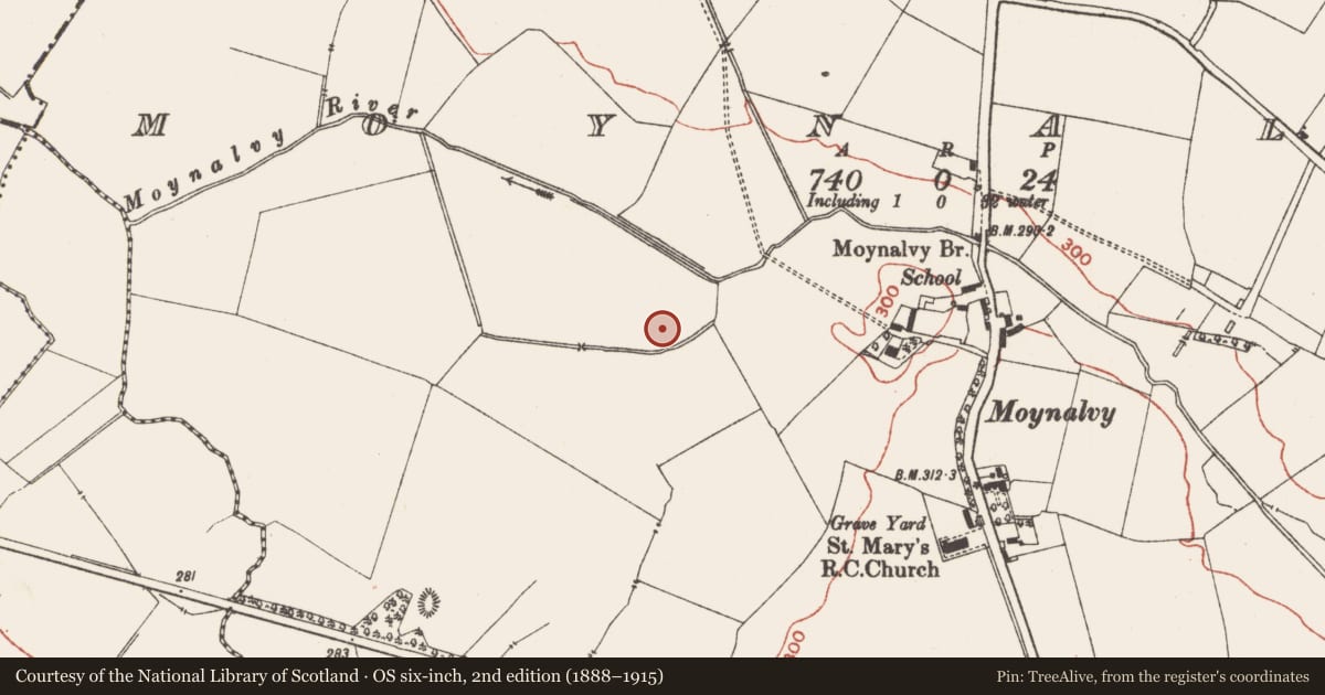Ordnance Survey six-inch map, 2nd edition (1888–1915) covering the location of Field system, Moynalvy, County Meath, with a pin at the register's coordinates