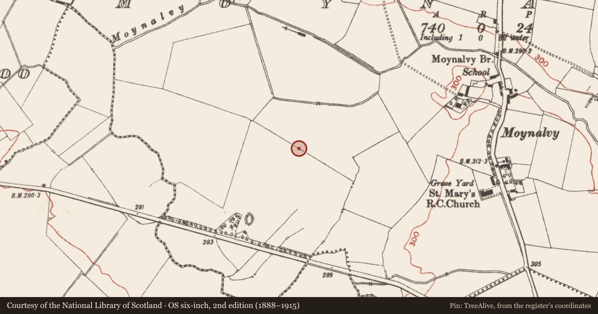 Ordnance Survey six-inch map, 2nd edition (1888–1915) covering the location of Moated site, Moynalvy, County Meath, with a pin at the register's coordinates