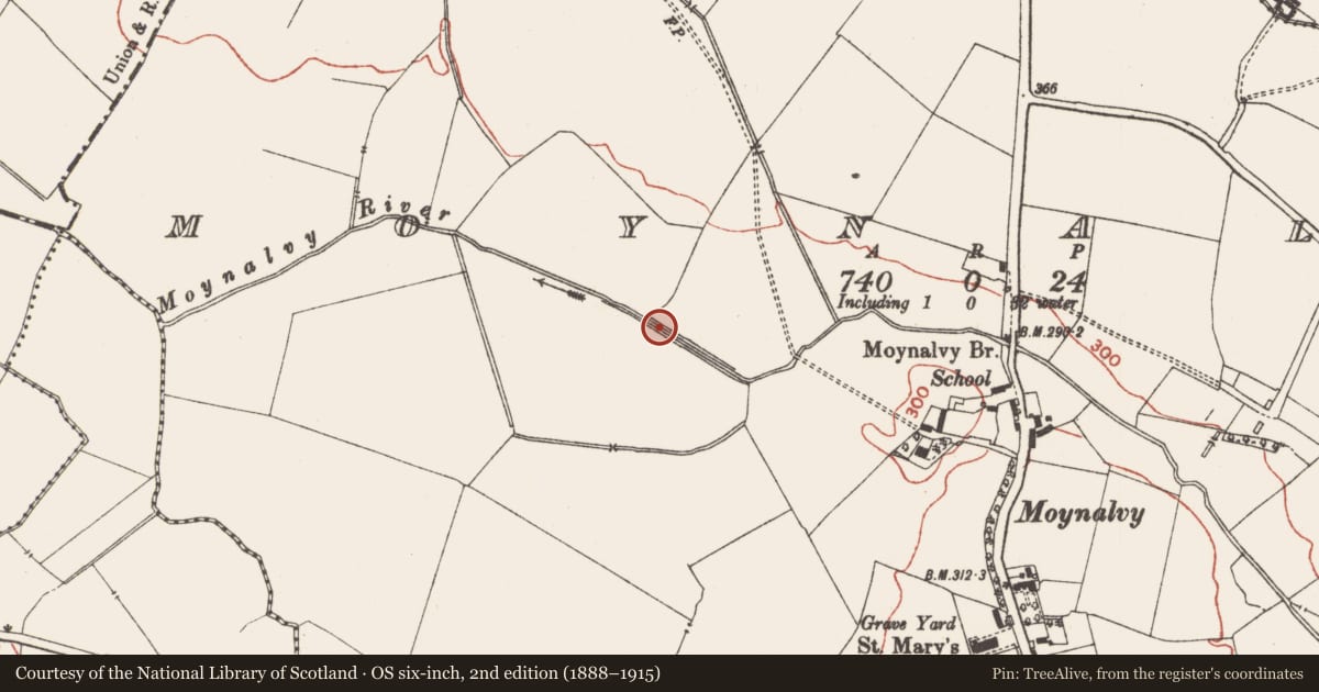 Ordnance Survey six-inch map, 2nd edition (1888–1915) covering the location of Moated site, Moynalvy, County Meath, with a pin at the register's coordinates