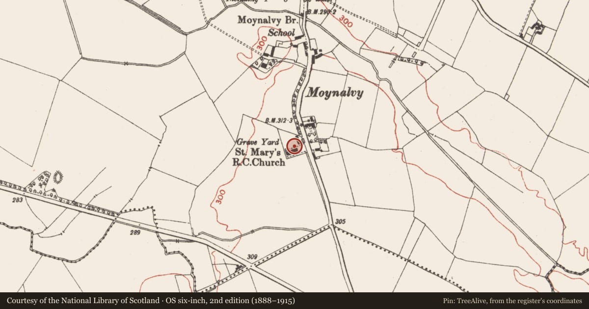 Ordnance Survey six-inch map, 2nd edition (1888–1915) covering the location of Cross - Churchyard cross (present location), Moynalvy, County Meath, with a pin at the register's coordinates