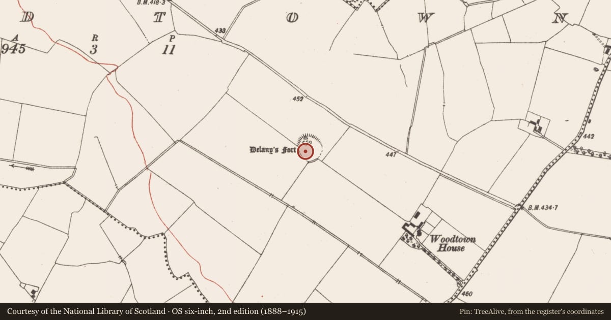 Ordnance Survey six-inch map, 2nd edition (1888–1915) covering the location of Ringfort - rath, Woodtown, County Meath, with a pin at the register's coordinates