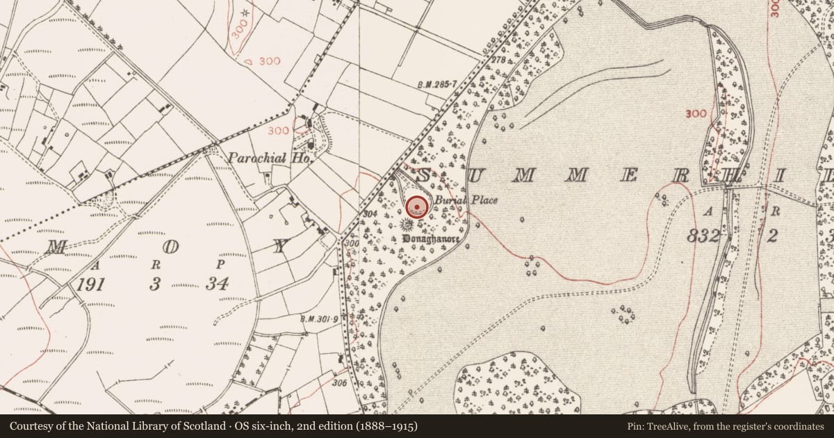 Ordnance Survey six-inch map, 2nd edition (1888–1915) covering the location of Church, Summerhill Demesne, County Meath, with a pin at the register's coordinates