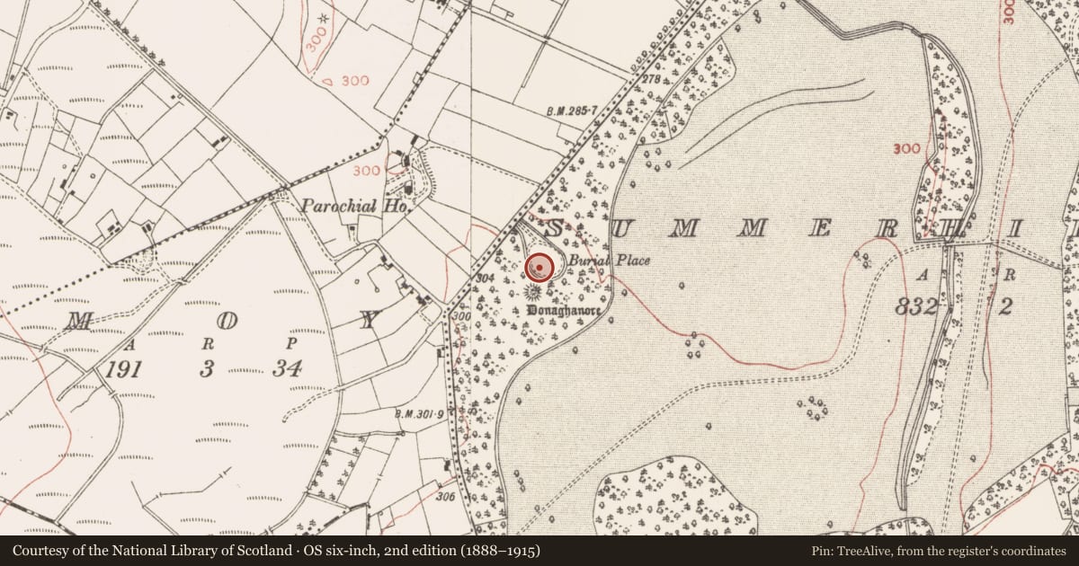 Ordnance Survey six-inch map, 2nd edition (1888–1915) covering the location of Graveyard, Summerhill Demesne, County Meath, with a pin at the register's coordinates