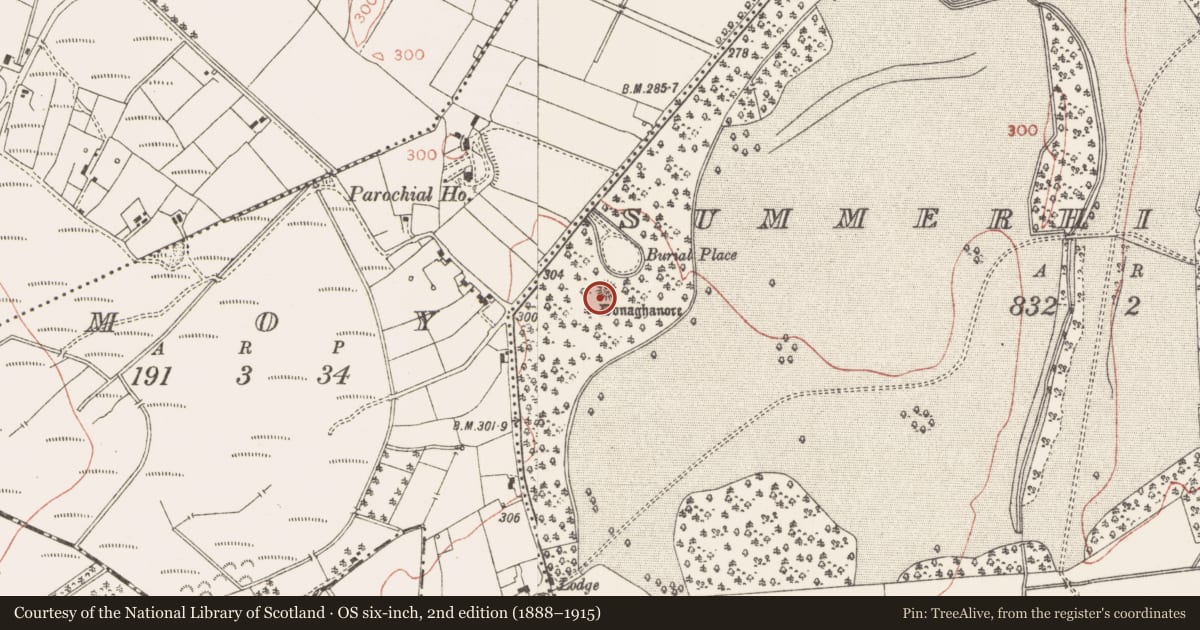 Ordnance Survey six-inch map, 2nd edition (1888–1915) covering the location of Earthwork, Summerhill Demesne, County Meath, with a pin at the register's coordinates