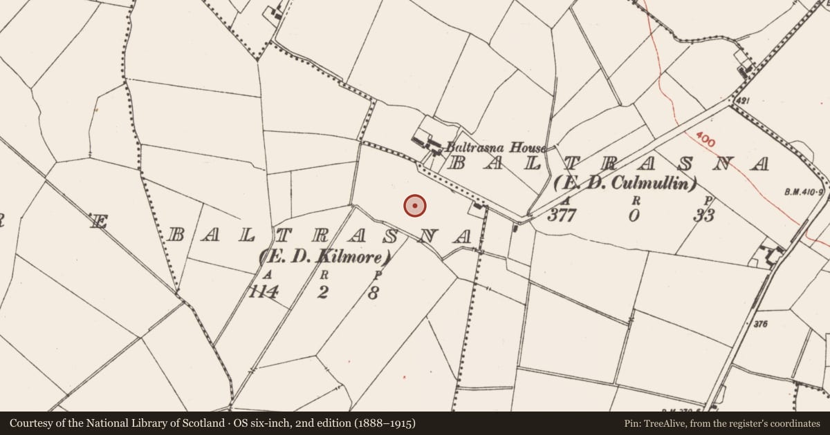 Ordnance Survey six-inch map, 2nd edition (1888–1915) covering the location of Field system, Baltrasna (Deece Upper By., Kilmore Par.), County Meath, with a pin at the register's coordinates