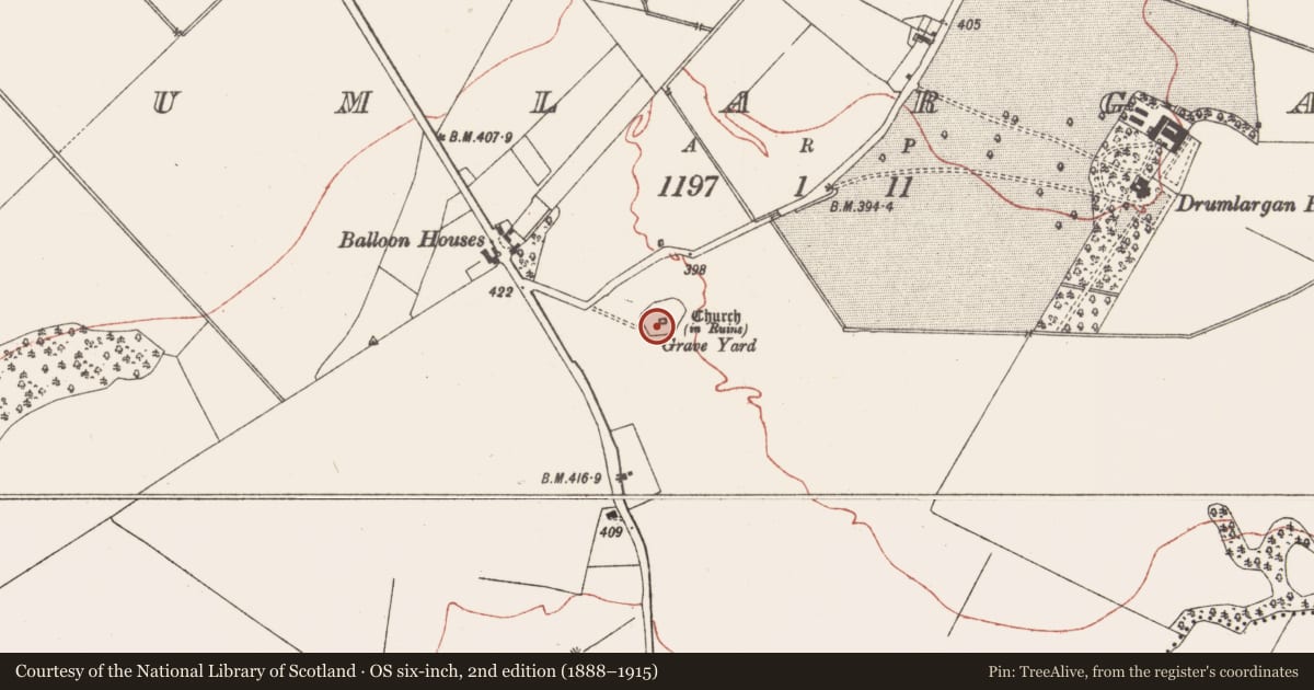 Ordnance Survey six-inch map, 2nd edition (1888–1915) covering the location of Graveyard, Drumlargan, County Meath, with a pin at the register's coordinates