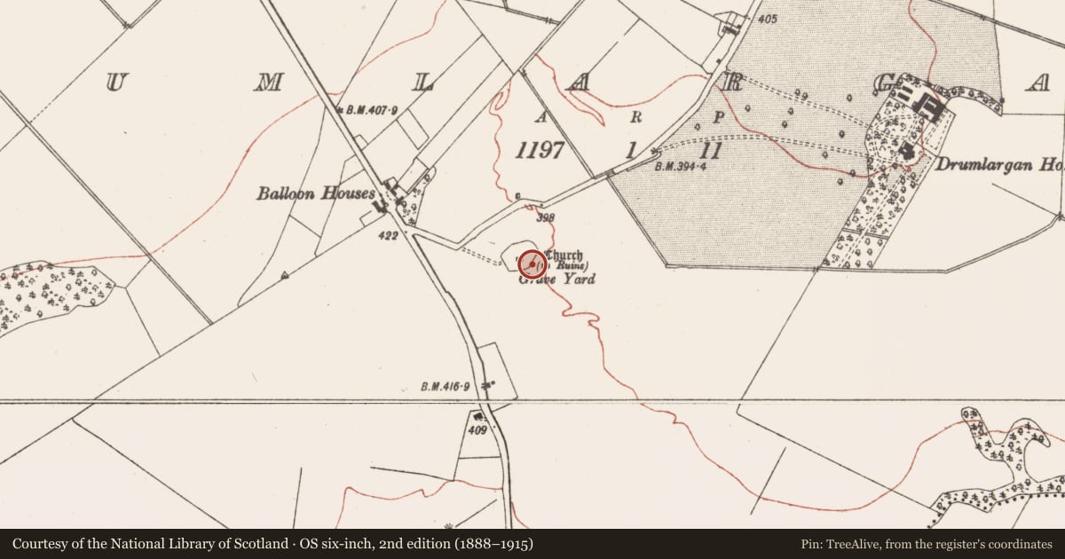 Ordnance Survey six-inch map, 2nd edition (1888–1915) covering the location of Ecclesiastical enclosure, Drumlargan, County Meath, with a pin at the register's coordinates