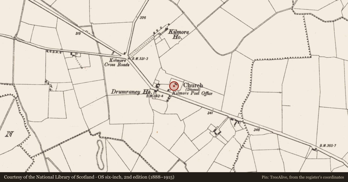 Ordnance Survey six-inch map, 2nd edition (1888–1915) covering the location of Church, Kilmore, County Meath, with a pin at the register's coordinates
