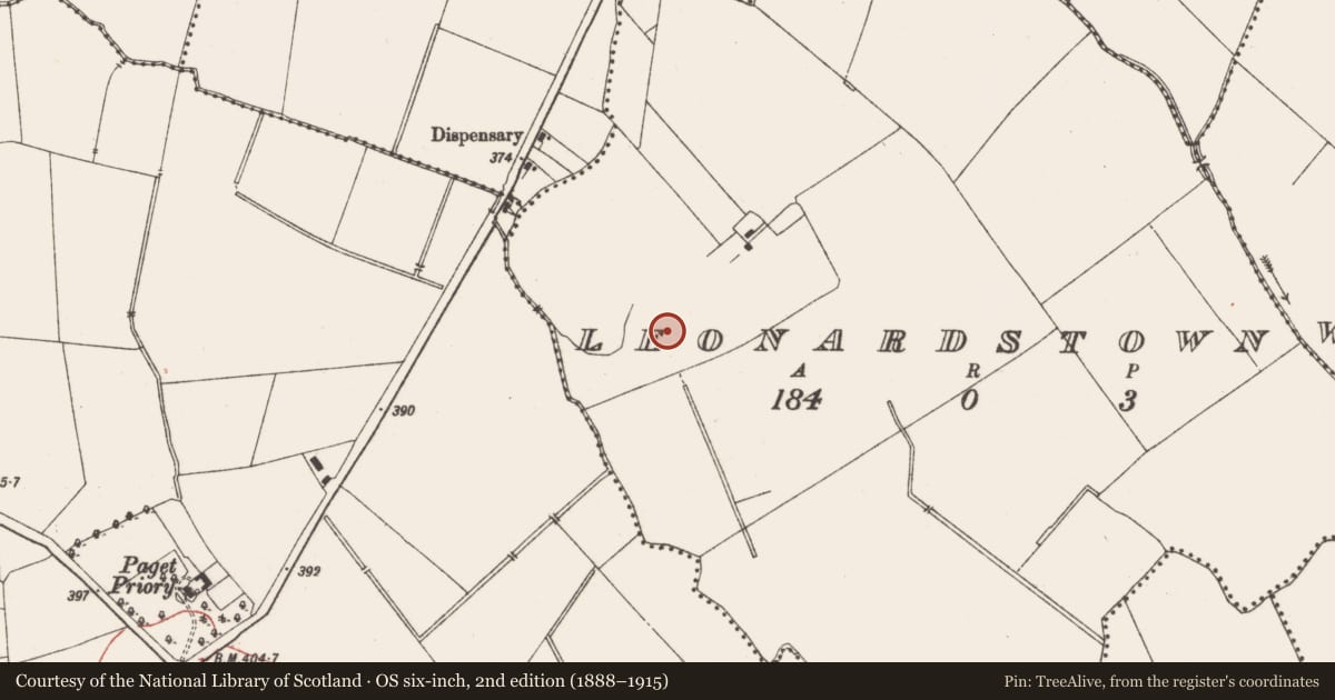 Ordnance Survey six-inch map, 2nd edition (1888–1915) covering the location of Field system, Leonardstown, County Meath, with a pin at the register's coordinates