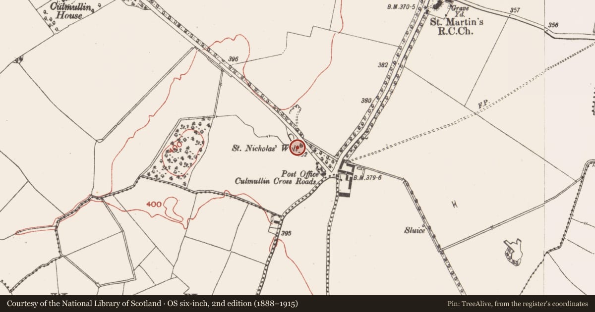 Ordnance Survey six-inch map, 2nd edition (1888–1915) covering the location of Ritual site - holy well, Culmullin, County Meath, with a pin at the register's coordinates