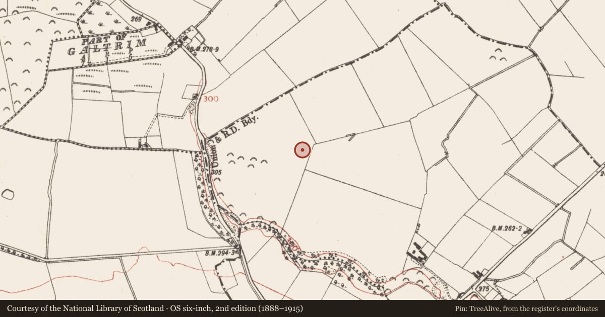 Ordnance Survey six-inch map, 2nd edition (1888–1915) covering the location of Fulacht fia, Arodstown, County Meath, with a pin at the register's coordinates