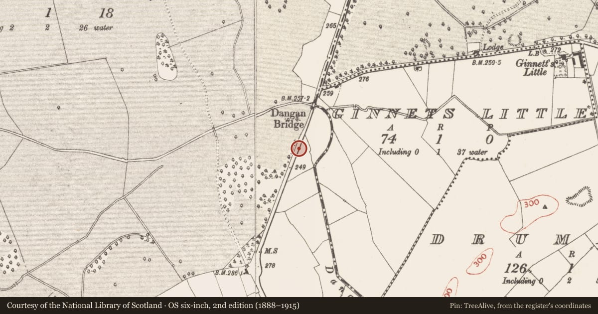 Ordnance Survey six-inch map, 2nd edition (1888–1915) covering the location of Burial mound, Dangan, County Meath, with a pin at the register's coordinates