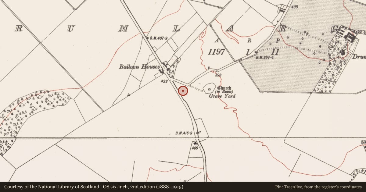 Ordnance Survey six-inch map, 2nd edition (1888–1915) covering the location of Burial mound, Drumlargan, County Meath, with a pin at the register's coordinates