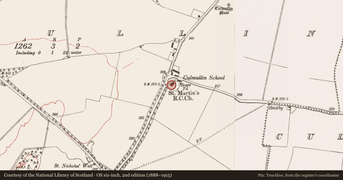 Ordnance Survey six-inch map, 2nd edition (1888–1915) covering the location of Font (present location), Culmullin, County Meath, with a pin at the register's coordinates