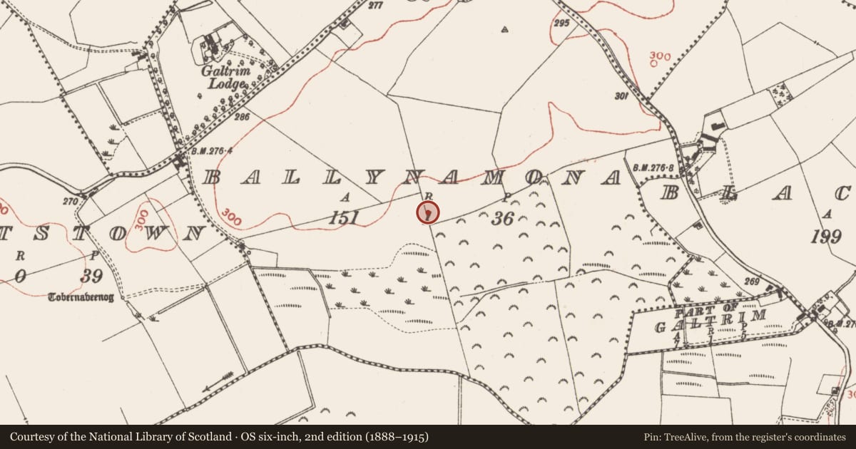 Ordnance Survey six-inch map, 2nd edition (1888–1915) covering the location of Fulacht fia, Ballynamona, County Meath, with a pin at the register's coordinates