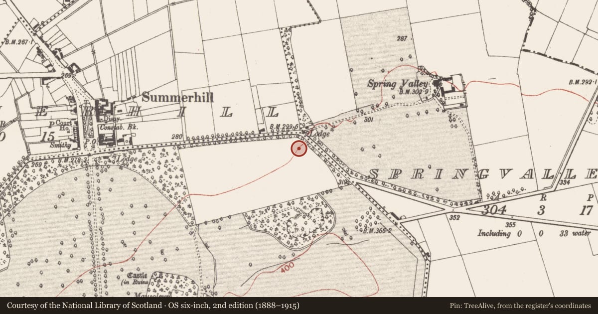 Ordnance Survey six-inch map, 2nd edition (1888–1915) covering the location of Kiln - corn-drying, Summerhill Demesne, County Meath, with a pin at the register's coordinates
