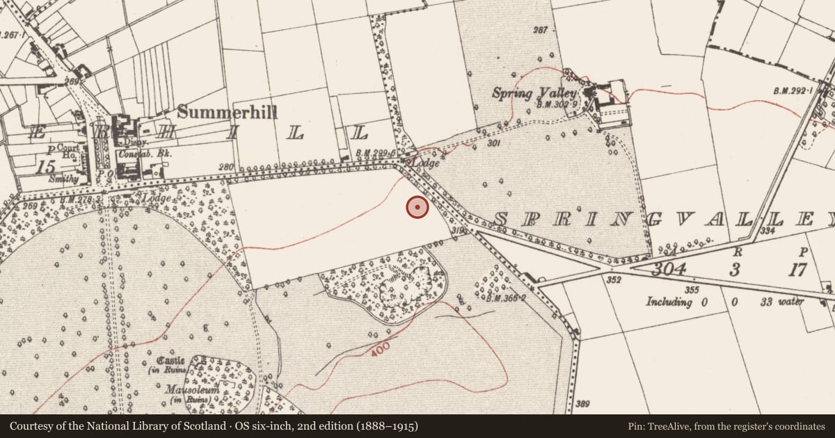 Ordnance Survey six-inch map, 2nd edition (1888–1915) covering the location of Ring-ditch, Summerhill Demesne, County Meath, with a pin at the register's coordinates