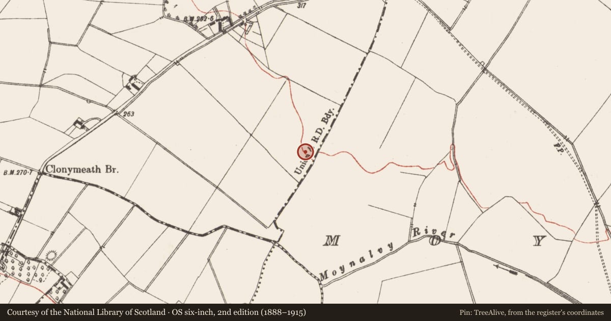 Ordnance Survey six-inch map, 2nd edition (1888–1915) covering the location of Burial, Clonymeath, County Meath, with a pin at the register's coordinates