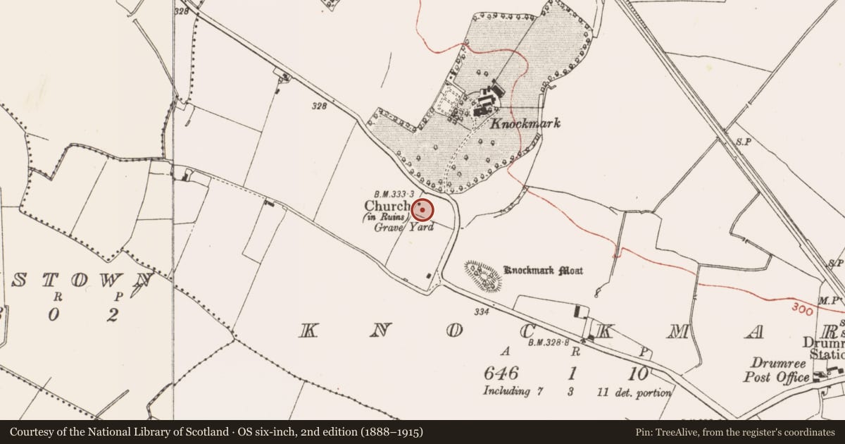 Ordnance Survey six-inch map, 2nd edition (1888–1915) covering the location of Church, Knockmark, County Meath, with a pin at the register's coordinates