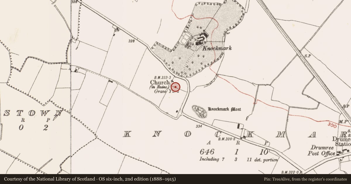 Ordnance Survey six-inch map, 2nd edition (1888–1915) covering the location of Graveyard, Knockmark, County Meath, with a pin at the register's coordinates