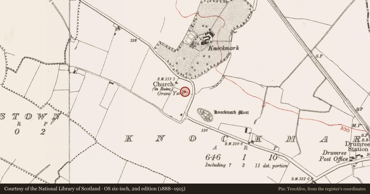 Ordnance Survey six-inch map, 2nd edition (1888–1915) covering the location of Graveslab, Knockmark, County Meath, with a pin at the register's coordinates