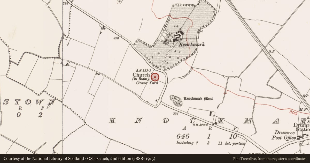 Ordnance Survey six-inch map, 2nd edition (1888–1915) covering the location of Font, Knockmark, County Meath, with a pin at the register's coordinates