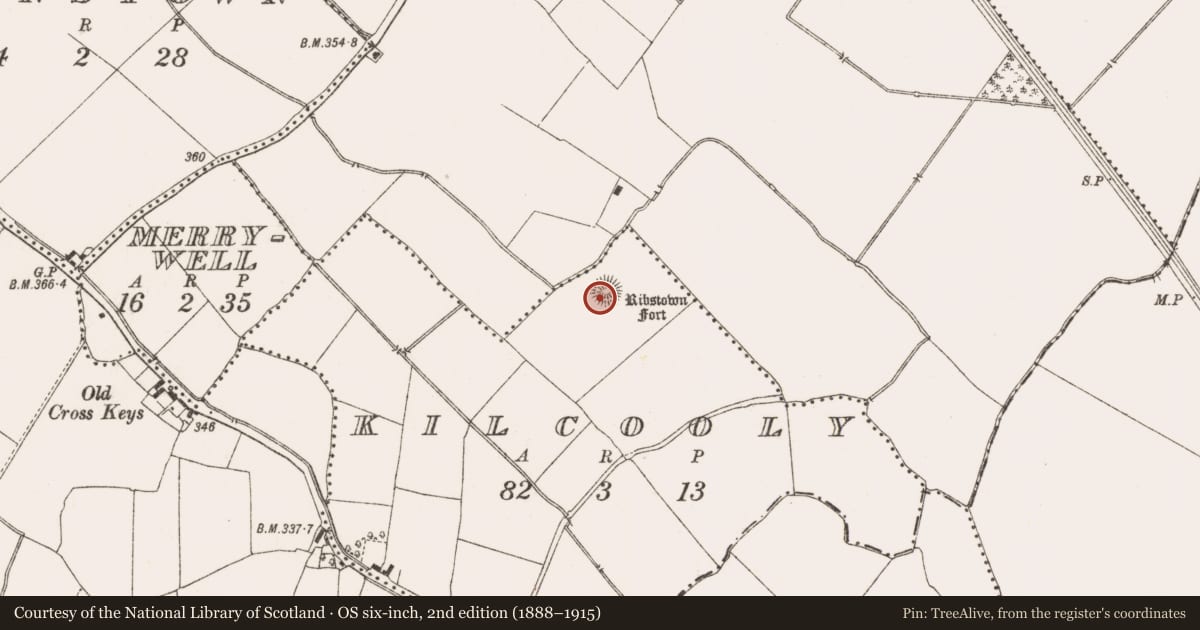 Ordnance Survey six-inch map, 2nd edition (1888–1915) covering the location of Ringfort - rath, Kilcooly, County Meath, with a pin at the register's coordinates