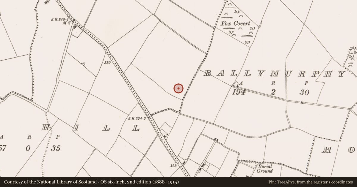Ordnance Survey six-inch map, 2nd edition (1888–1915) covering the location of Burnt mound, Dunshaughlin, County Meath, with a pin at the register's coordinates