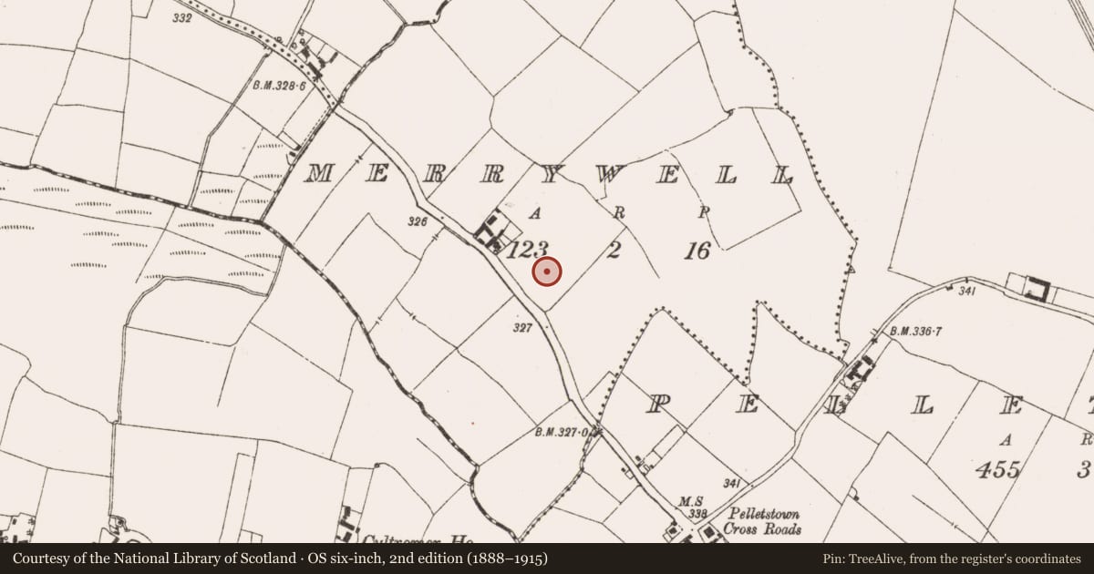 Ordnance Survey six-inch map, 2nd edition (1888–1915) covering the location of Enclosure, Merrywell, County Meath, with a pin at the register's coordinates