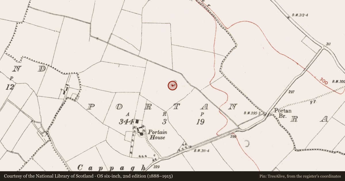Ordnance Survey six-inch map, 2nd edition (1888–1915) covering the location of Moated site, Portan, County Meath, with a pin at the register's coordinates