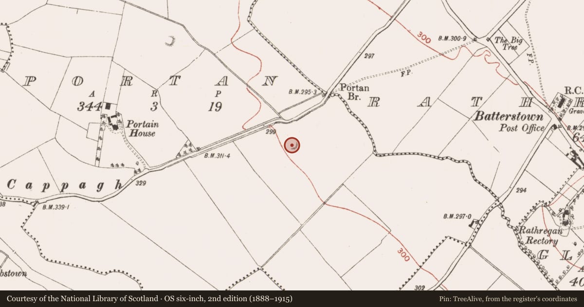 Ordnance Survey six-inch map, 2nd edition (1888–1915) covering the location of Field system, Portan, County Meath, with a pin at the register's coordinates