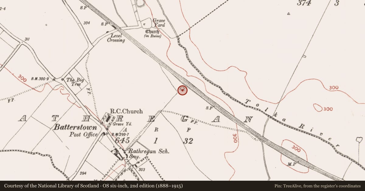 Ordnance Survey six-inch map, 2nd edition (1888–1915) covering the location of Barrow - mound barrow, Rathregan, County Meath, with a pin at the register's coordinates