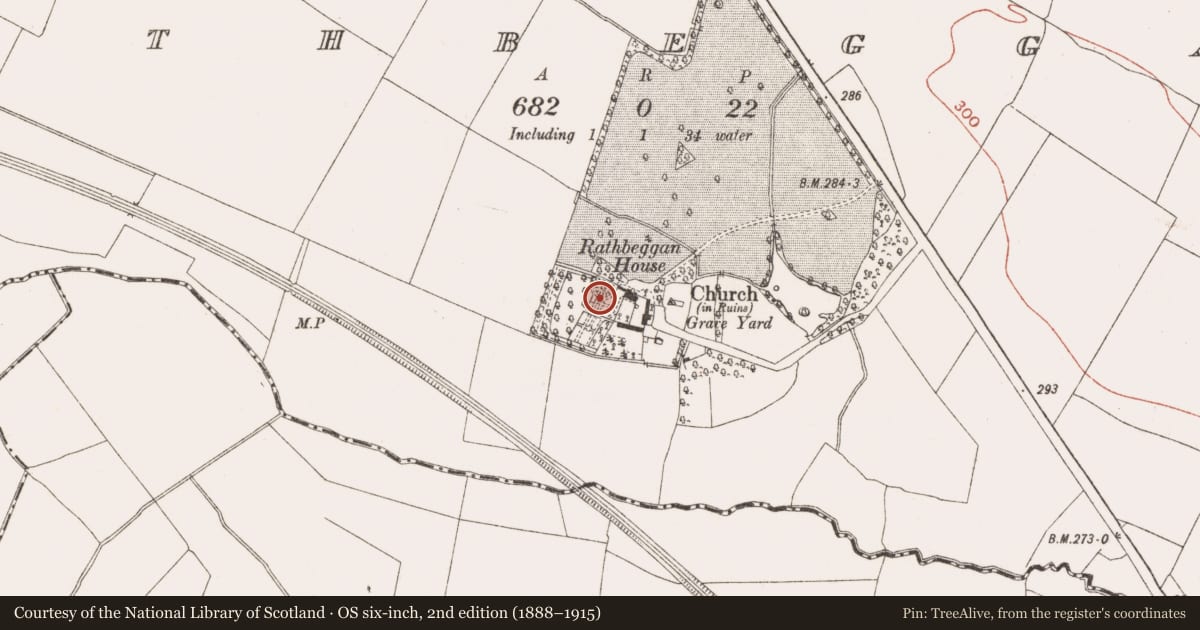 Ordnance Survey six-inch map, 2nd edition (1888–1915) covering the location of Castle - motte, Rathbeggan, County Meath, with a pin at the register's coordinates