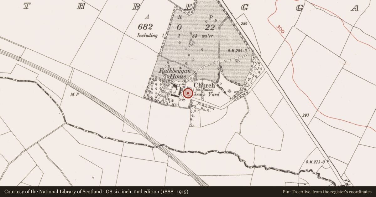 Ordnance Survey six-inch map, 2nd edition (1888–1915) covering the location of Font, Rathbeggan, County Meath, with a pin at the register's coordinates