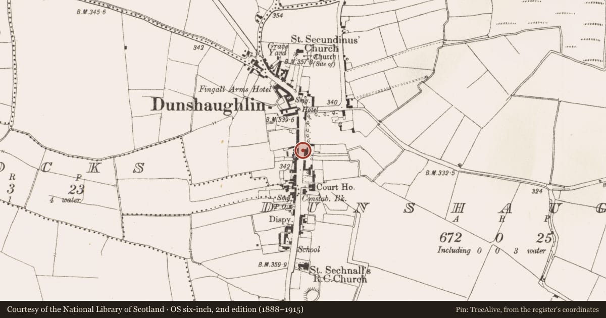 Ordnance Survey six-inch map, 2nd edition (1888–1915) covering the location of Settlement cluster, County Meath, with a pin at the register's coordinates