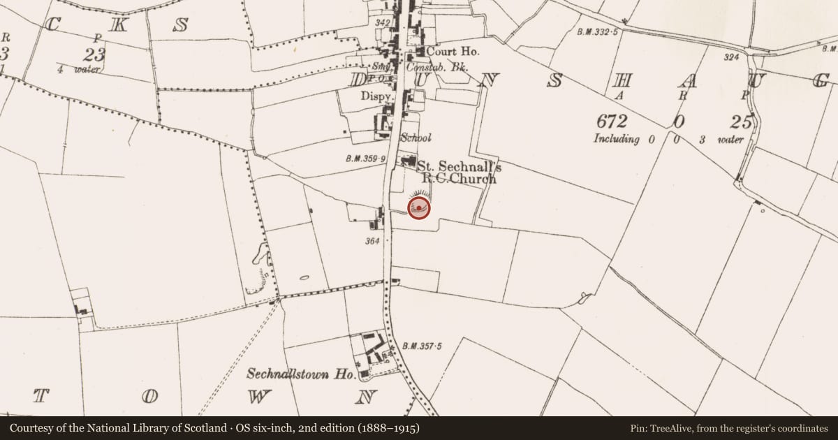 Ordnance Survey six-inch map, 2nd edition (1888–1915) covering the location of Ringfort - rath, Dunshaughlin, County Meath, with a pin at the register's coordinates