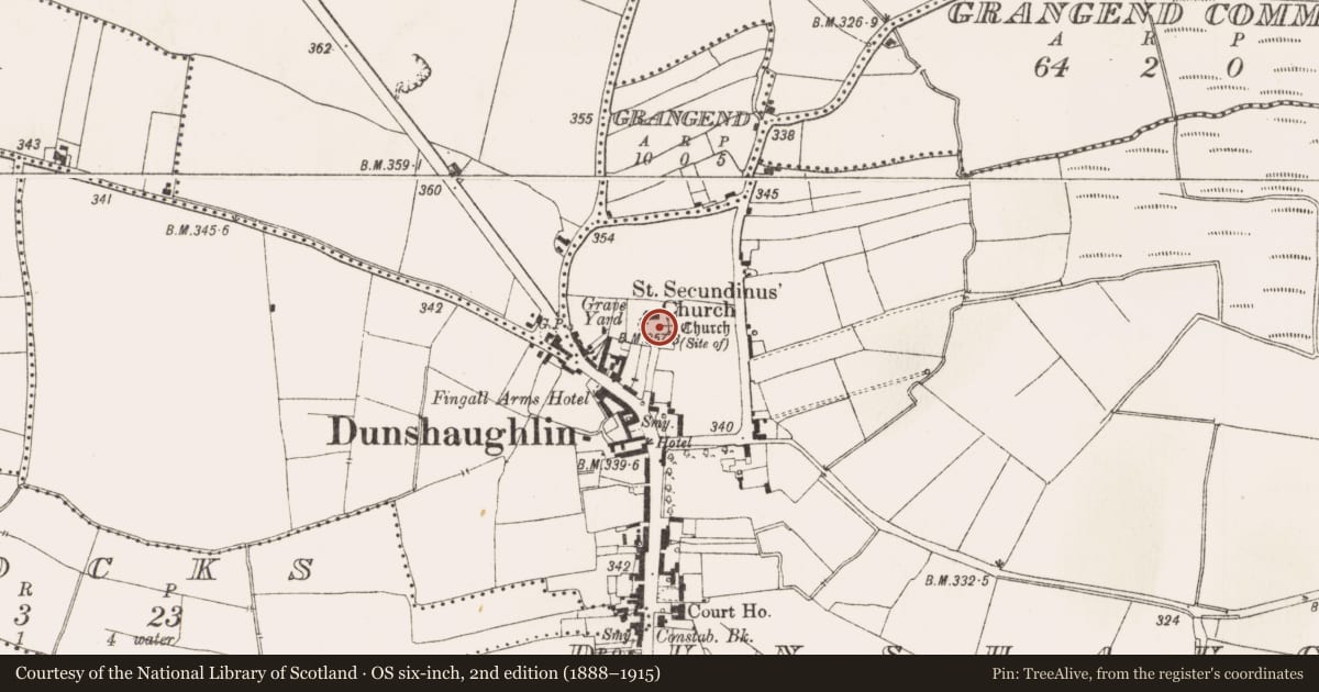 Ordnance Survey six-inch map, 2nd edition (1888–1915) covering the location of Church, Dunshaughlin, County Meath, with a pin at the register's coordinates