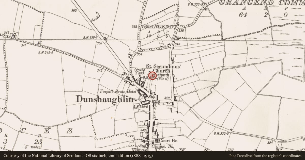 Ordnance Survey six-inch map, 2nd edition (1888–1915) covering the location of Architectural fragment, Dunshaughlin, County Meath, with a pin at the register's coordinates