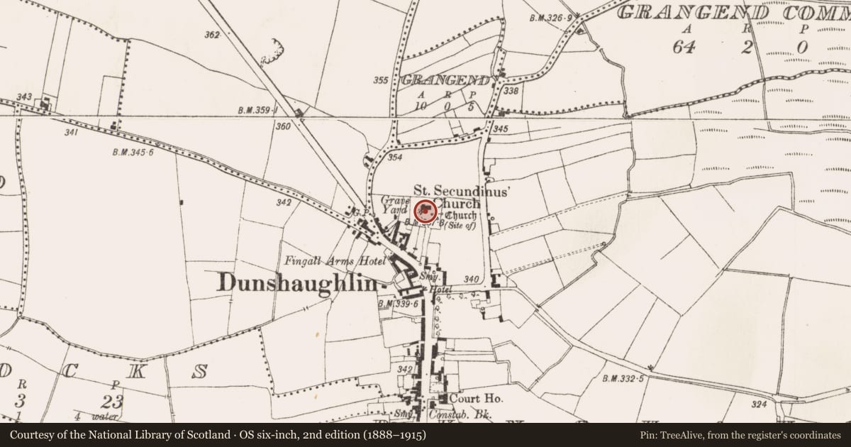 Ordnance Survey six-inch map, 2nd edition (1888–1915) covering the location of Stone sculpture, Dunshaughlin, County Meath, with a pin at the register's coordinates
