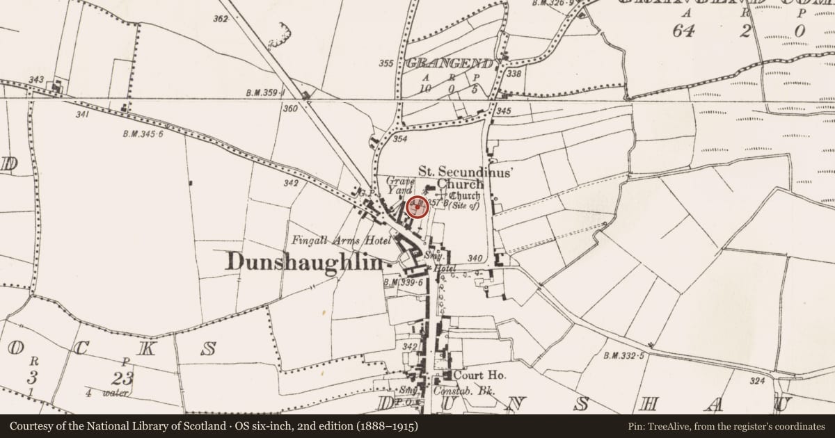 Ordnance Survey six-inch map, 2nd edition (1888–1915) covering the location of Graveslab, Dunshaughlin, County Meath, with a pin at the register's coordinates