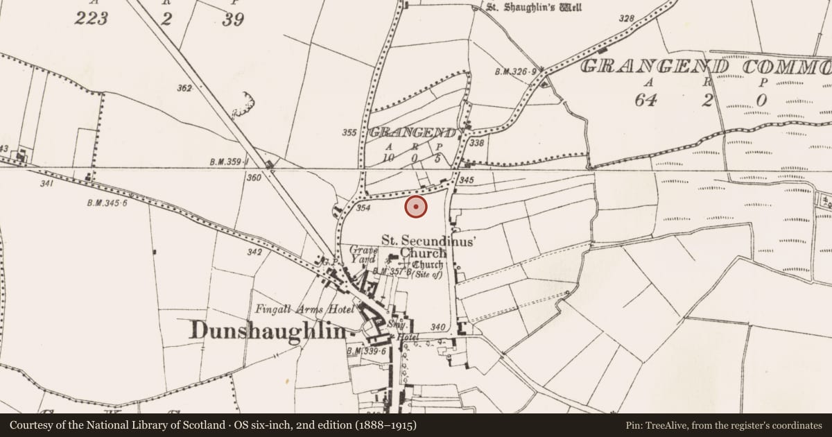 Ordnance Survey six-inch map, 2nd edition (1888–1915) covering the location of Hut site, Dunshaughlin, County Meath, with a pin at the register's coordinates