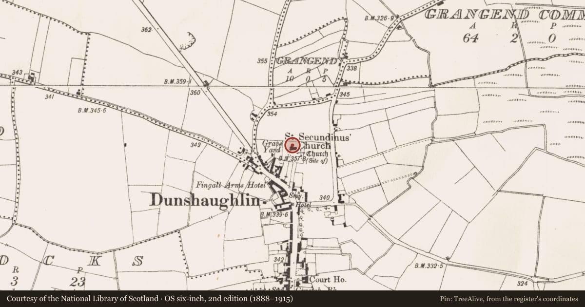 Ordnance Survey six-inch map, 2nd edition (1888–1915) covering the location of Ecclesiastical enclosure, Dunshaughlin, County Meath, with a pin at the register's coordinates