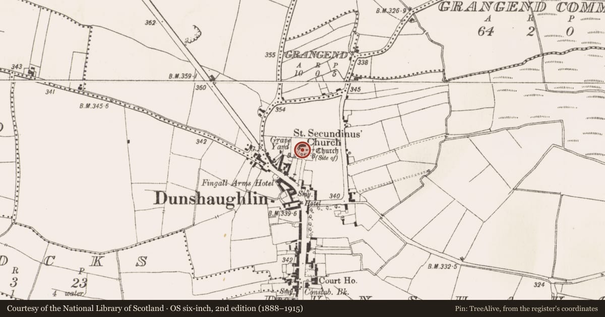 Ordnance Survey six-inch map, 2nd edition (1888–1915) covering the location of Stone sculpture, Dunshaughlin, County Meath, with a pin at the register's coordinates