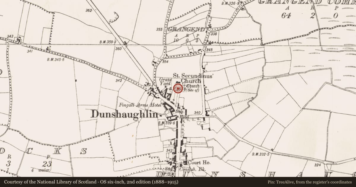 Ordnance Survey six-inch map, 2nd edition (1888–1915) covering the location of Graveyard, Dunshaughlin, County Meath, with a pin at the register's coordinates