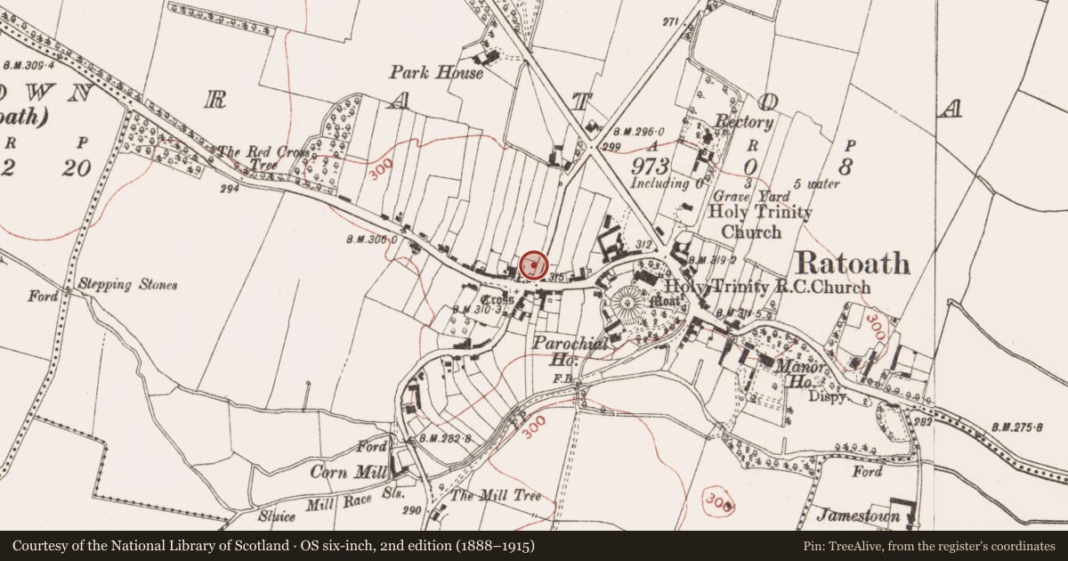 Ordnance Survey six-inch map, 2nd edition (1888–1915) covering the location of Historic town, Ratoath, County Meath, with a pin at the register's coordinates