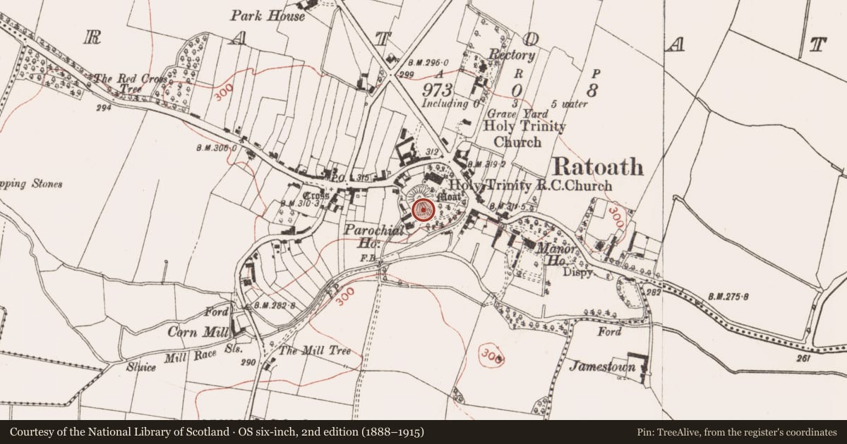 Ordnance Survey six-inch map, 2nd edition (1888–1915) covering the location of Castle - motte and bailey, Ratoath, County Meath, with a pin at the register's coordinates
