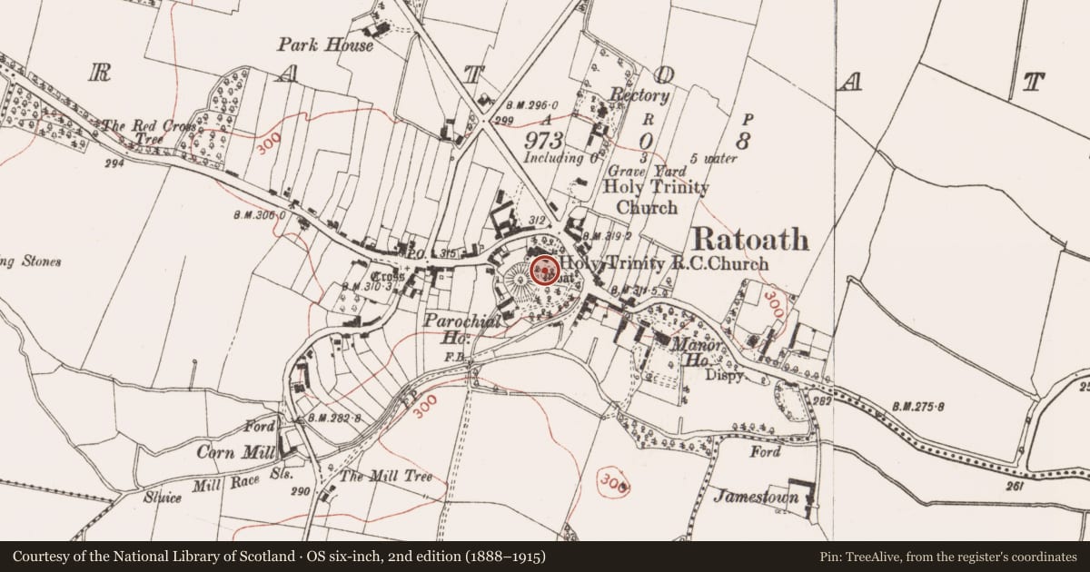 Ordnance Survey six-inch map, 2nd edition (1888–1915) covering the location of Font, Ratoath, County Meath, with a pin at the register's coordinates