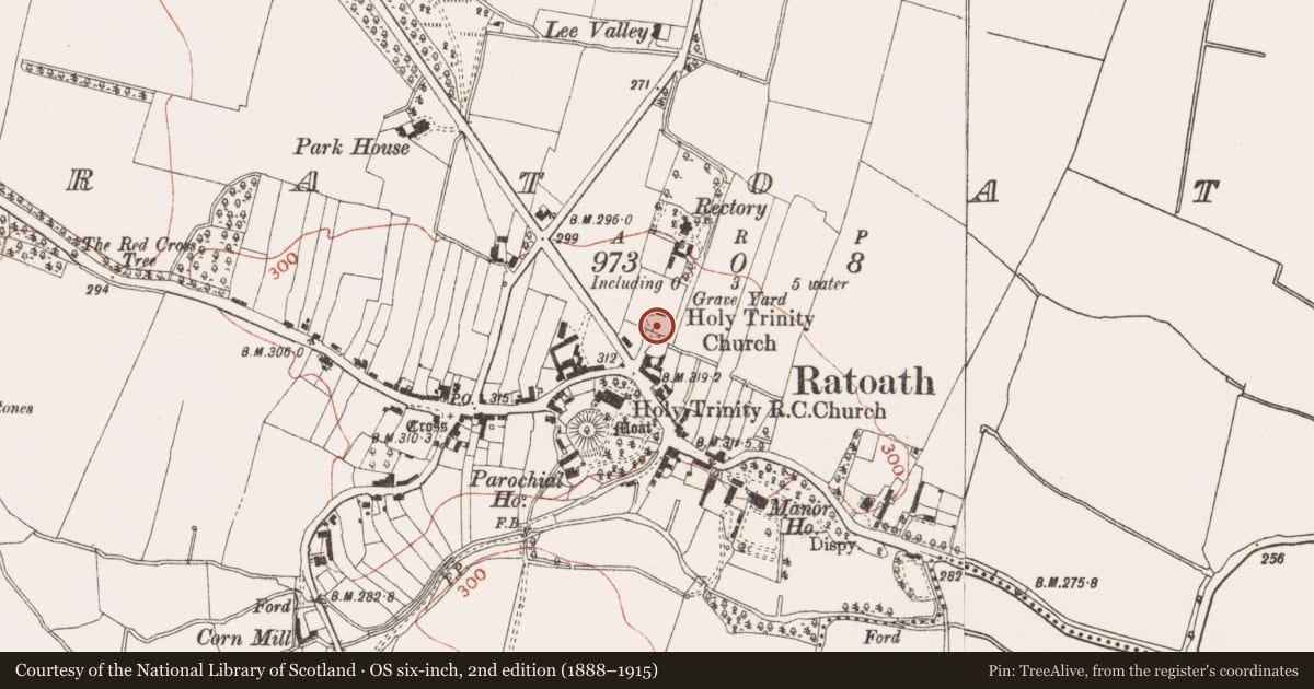 Ordnance Survey six-inch map, 2nd edition (1888–1915) covering the location of Church, Ratoath, County Meath, with a pin at the register's coordinates